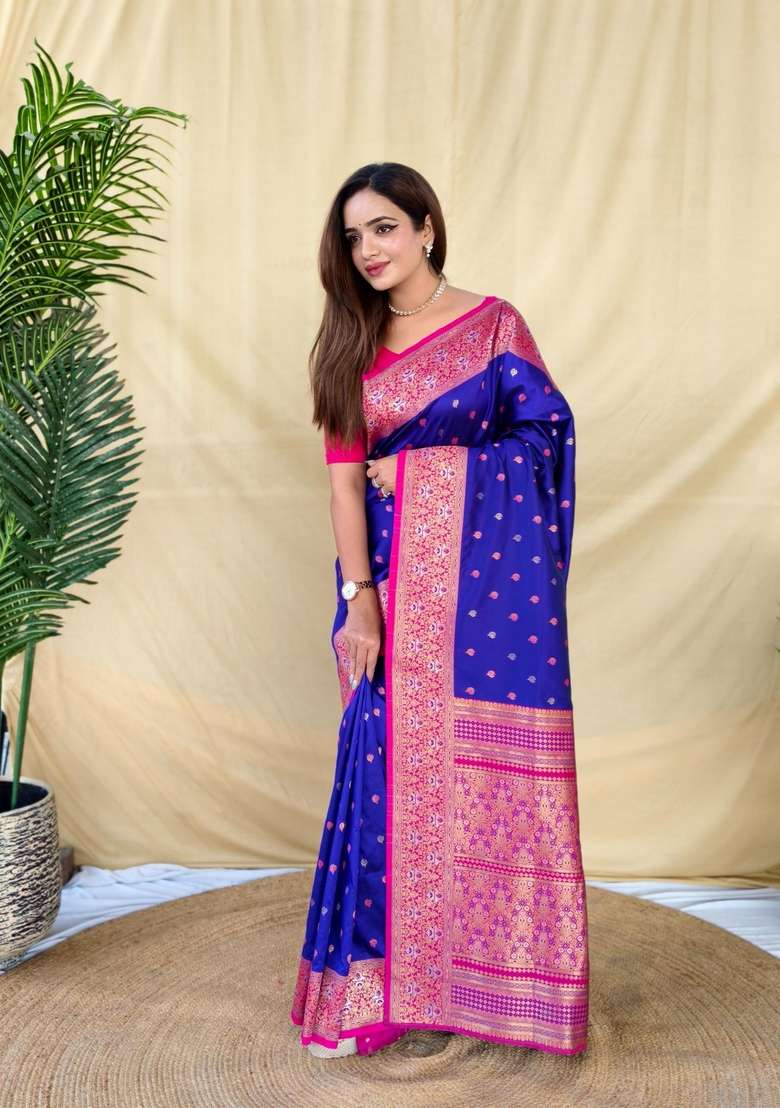 Royal Blue Silk Blend Saree Set with Zari Work for Diwali | Wedding & Festive Wear - Indya