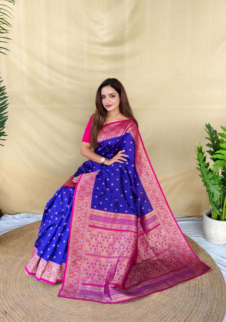 Royal Blue Silk Blend Saree Set with Zari Work for Diwali | Wedding & Festive Wear - Indya