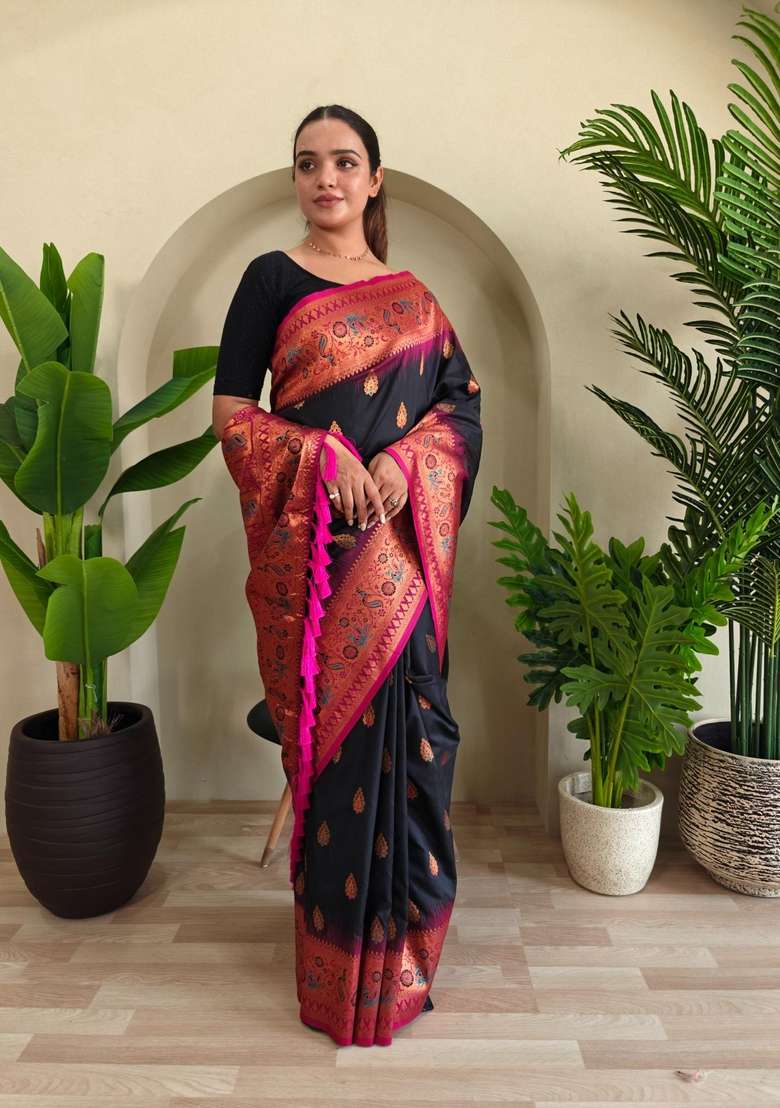 Black Silk Blend Saree Set with Zari Work for Diwali | Wedding & Festive Wear - Indya