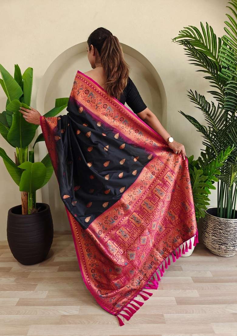 Black Silk Blend Saree Set with Zari Work for Diwali | Wedding & Festive Wear - Indya