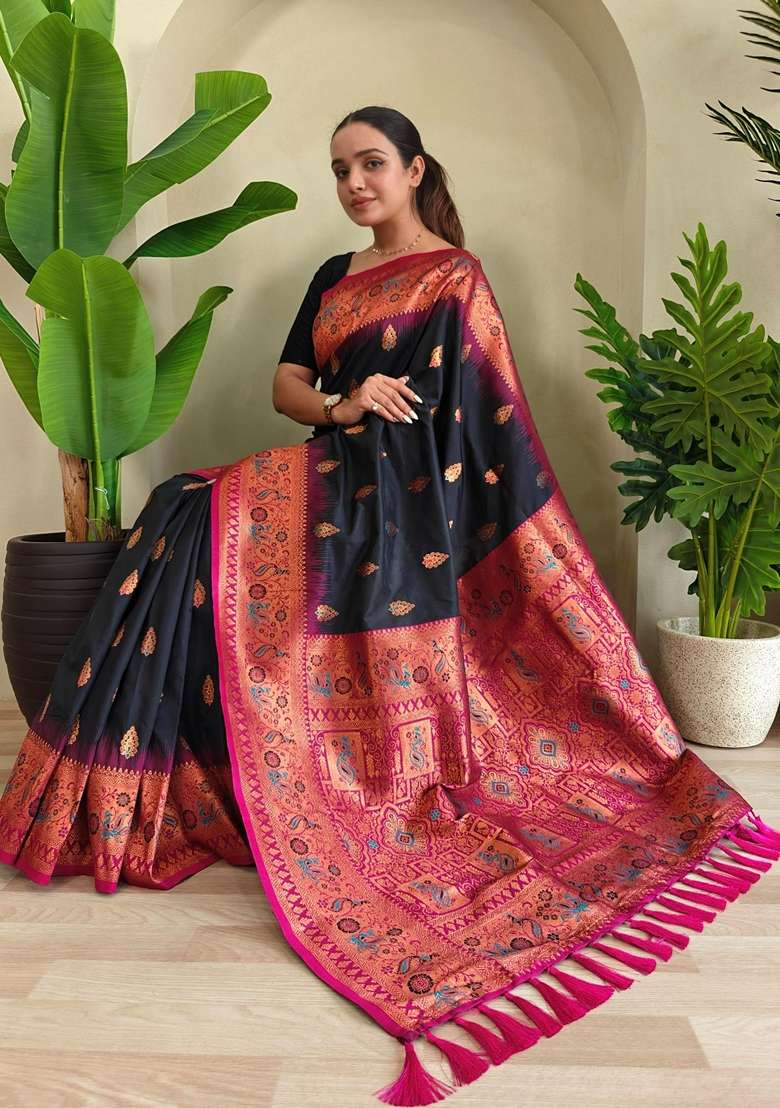 Black Silk Blend Saree Set with Zari Work for Diwali | Wedding & Festive Wear - Indya