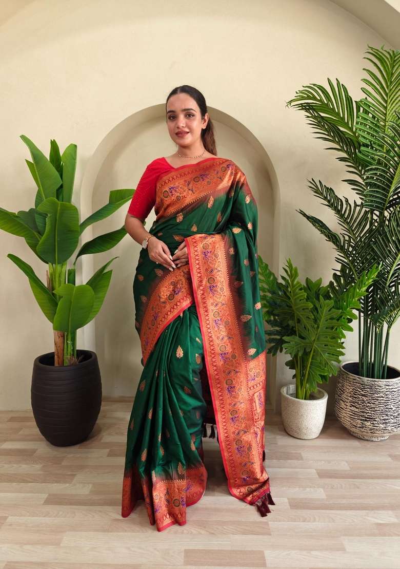 Green Silk Blend Saree Set with Zari Work for Diwali | Wedding & Festive Wear - Indya