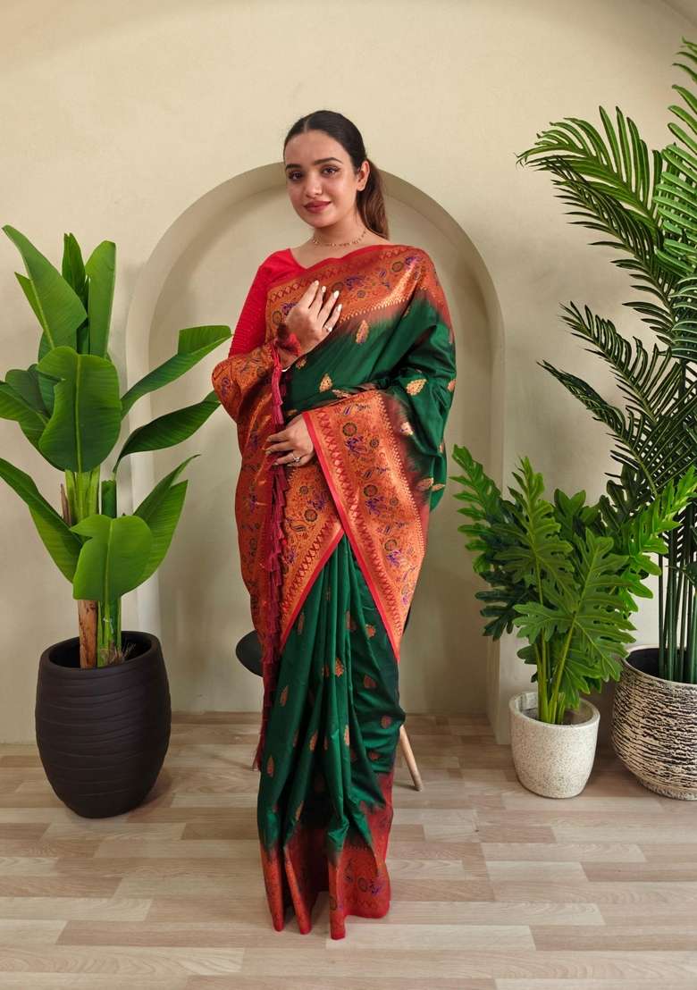 Green Silk Blend Saree Set with Zari Work for Diwali | Wedding & Festive Wear - Indya