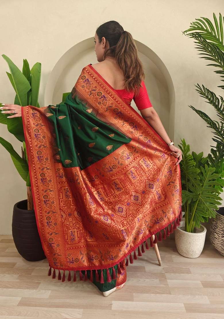 Green Silk Blend Saree Set with Zari Work for Diwali | Wedding & Festive Wear - Indya