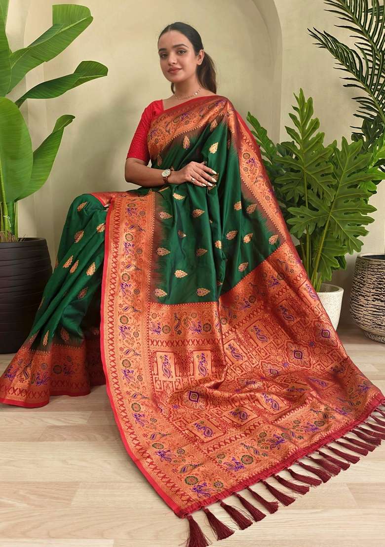 Green Silk Blend Saree Set with Zari Work for Diwali | Wedding & Festive Wear - Indya