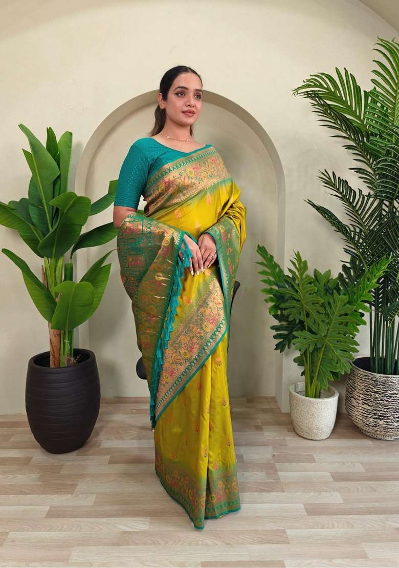 Lemon Zari Work Silk Blend Saree Set for Diwali and Festive Wear - Indya
