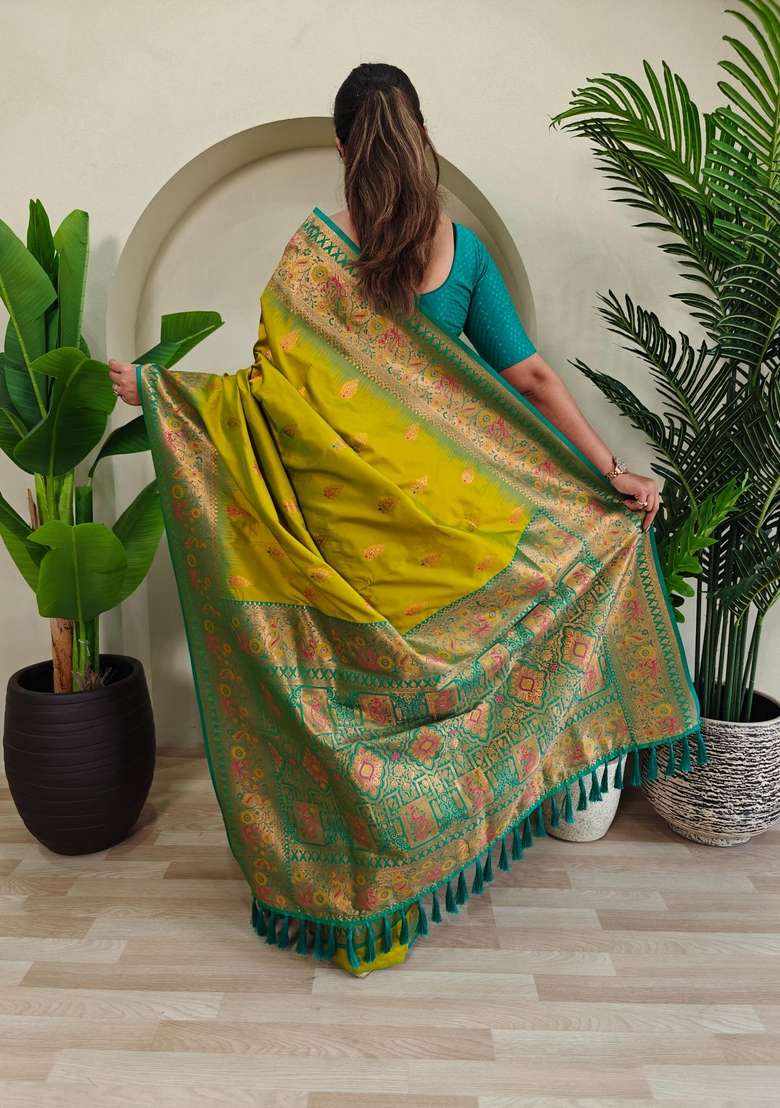 Lemon Zari Work Silk Blend Saree Set for Diwali and Festive Wear - Indya