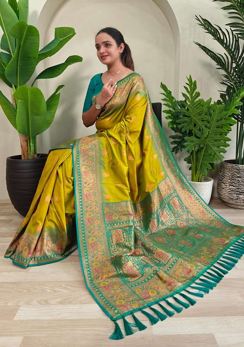 Lemon Zari Work Silk Blend Saree Set for Diwali and Festive Wear - Indya