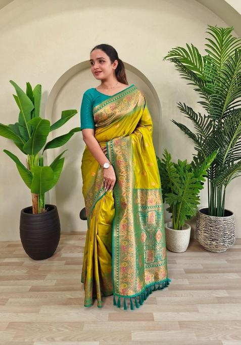 Lemon Zari Work Silk Saree Set — view on Indya