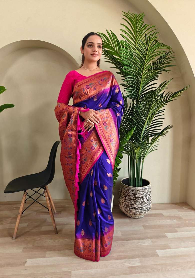 Magenta Zari Work Silk Blend Saree Set for Diwali and Festive Wear - Indya