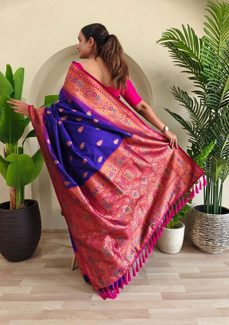 Magenta Zari Work Silk Blend Saree Set for Diwali and Festive Wear - Indya