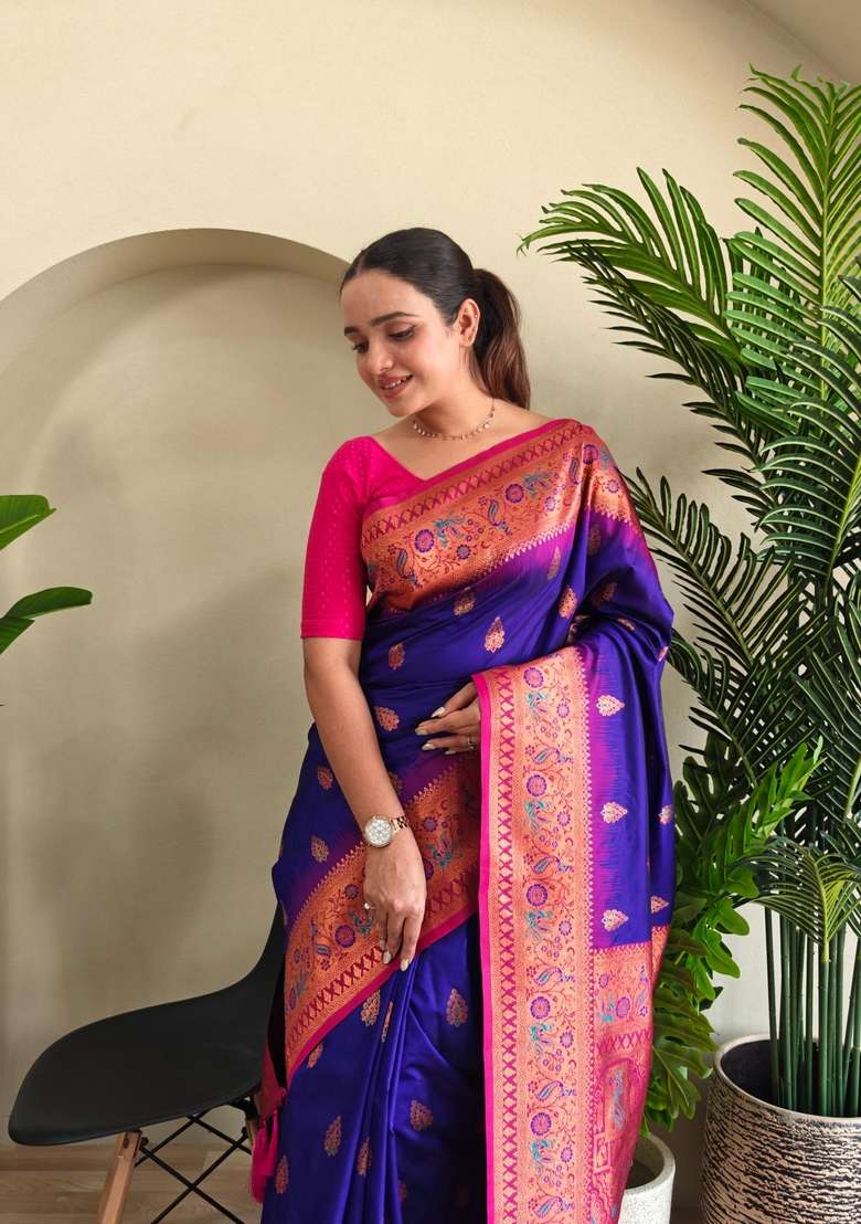 Magenta Zari Work Silk Blend Saree Set for Diwali and Festive Wear - Indya