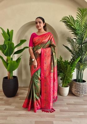 Mehendi Zari Work Silk Blend Saree Set