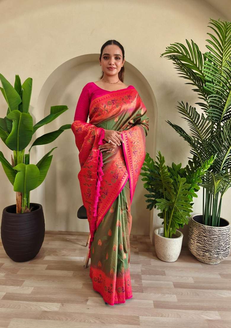 Mehendi Zari Work Silk Blend Saree Set for Diwali and Festive Wear - Indya
