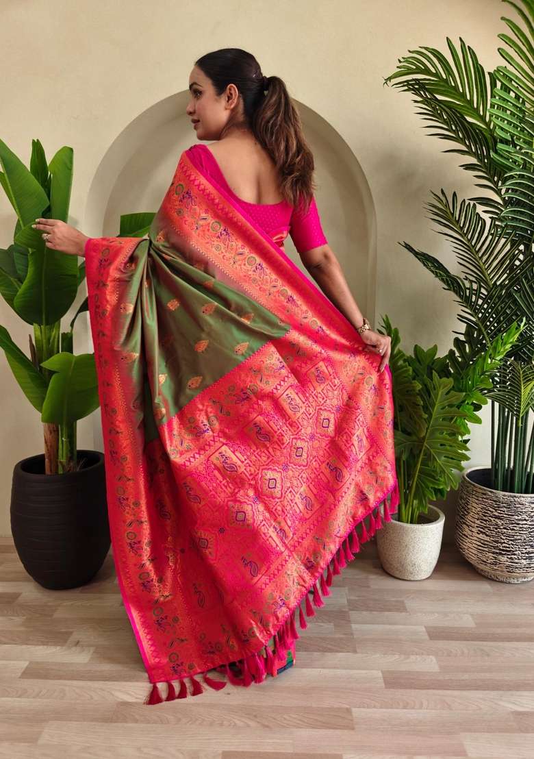 Mehendi Zari Work Silk Blend Saree Set for Diwali and Festive Wear - Indya