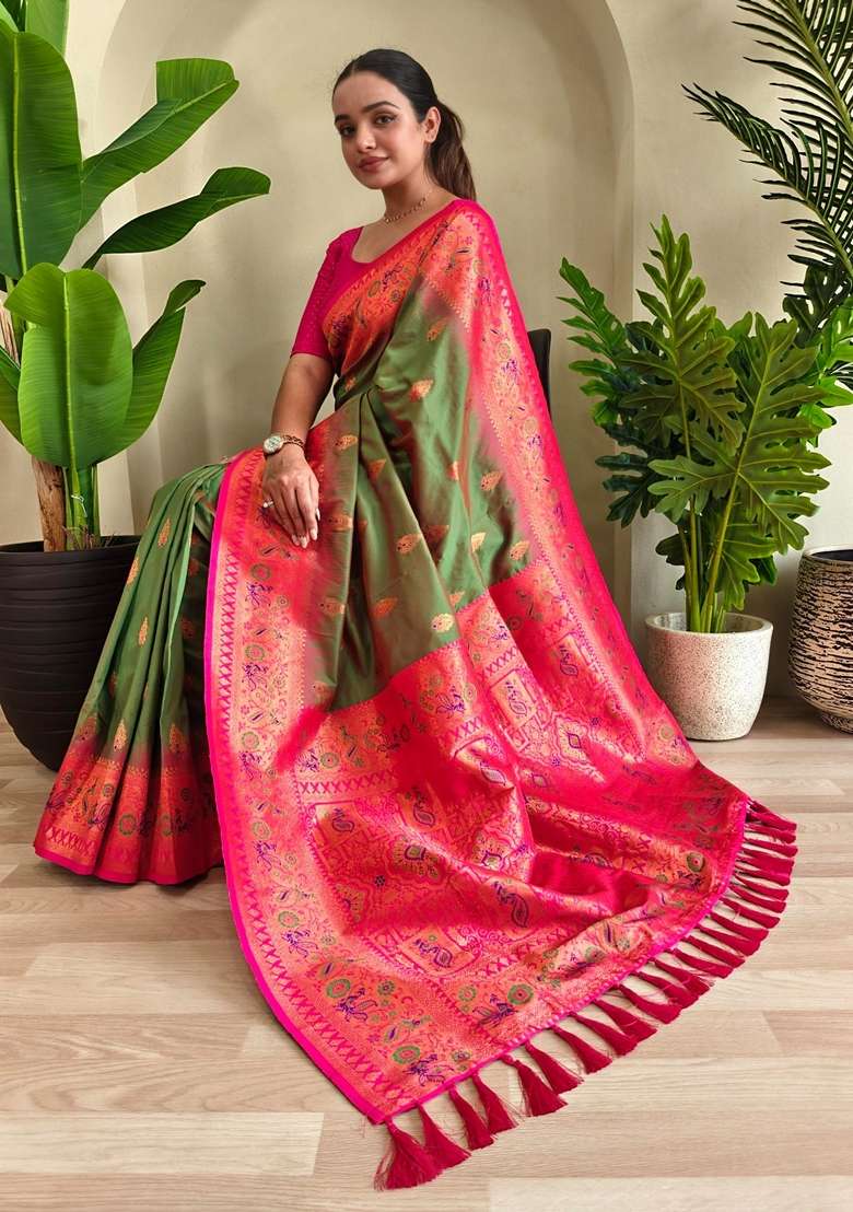 Mehendi Zari Work Silk Blend Saree Set for Diwali and Festive Wear - Indya