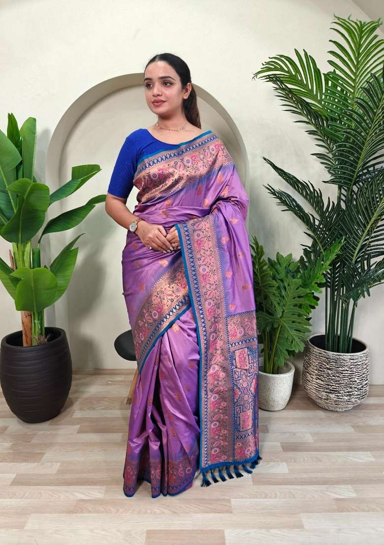 Onion Pink Silk Blend Saree Set with Zari Work for Diwali | Wedding & Festive Wear - Indya