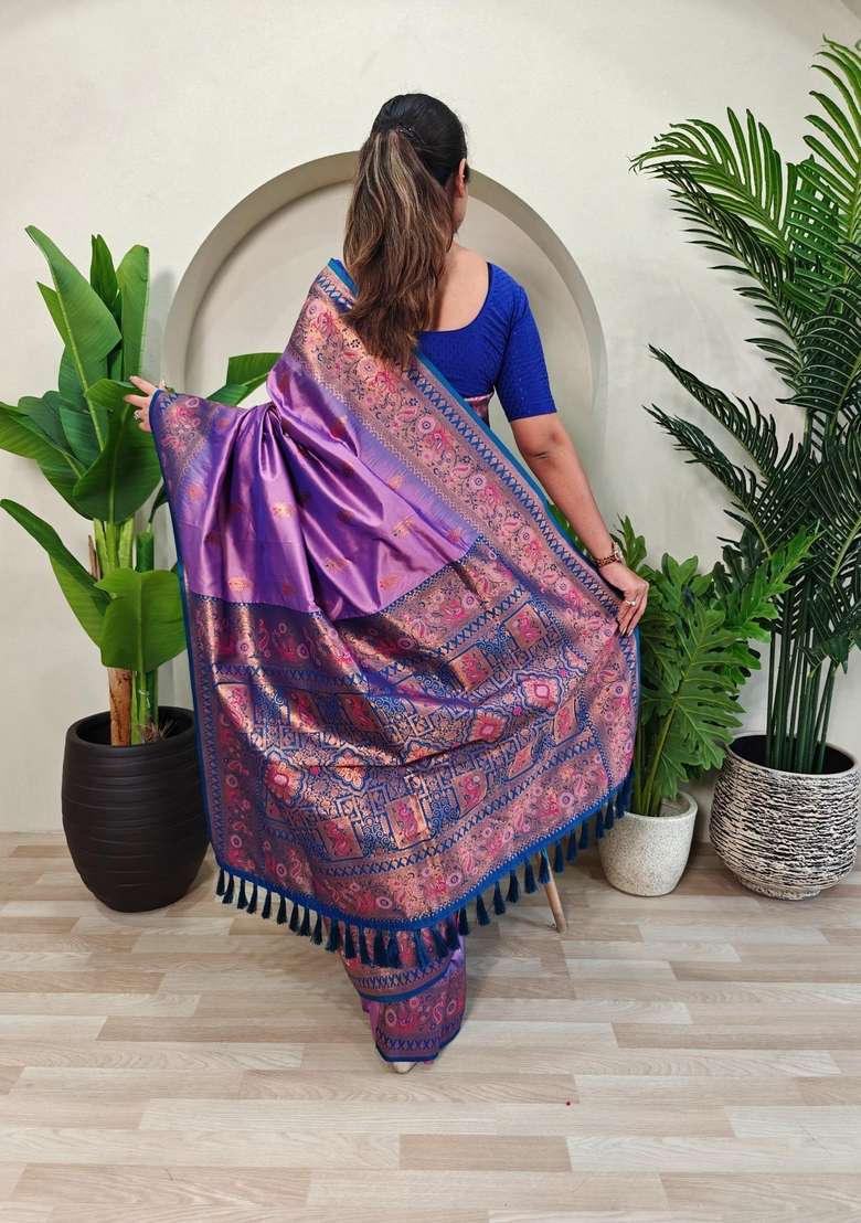 Onion Pink Silk Blend Saree Set with Zari Work for Diwali | Wedding & Festive Wear - Indya