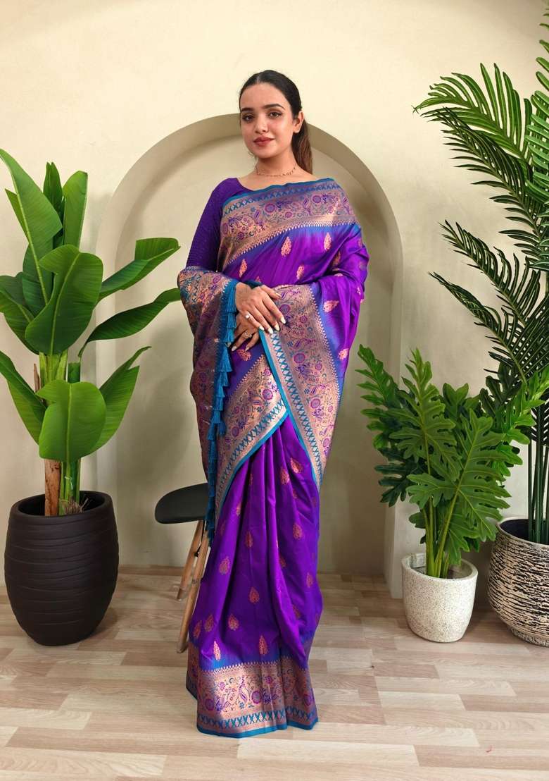 Purple Silk Blend Saree Set with Zari Work for Diwali | Wedding & Festive Wear - Indya