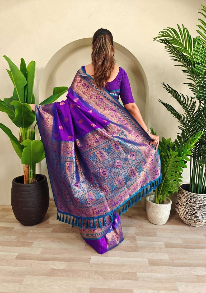 Purple Silk Blend Saree Set with Zari Work for Diwali | Wedding & Festive Wear - Indya