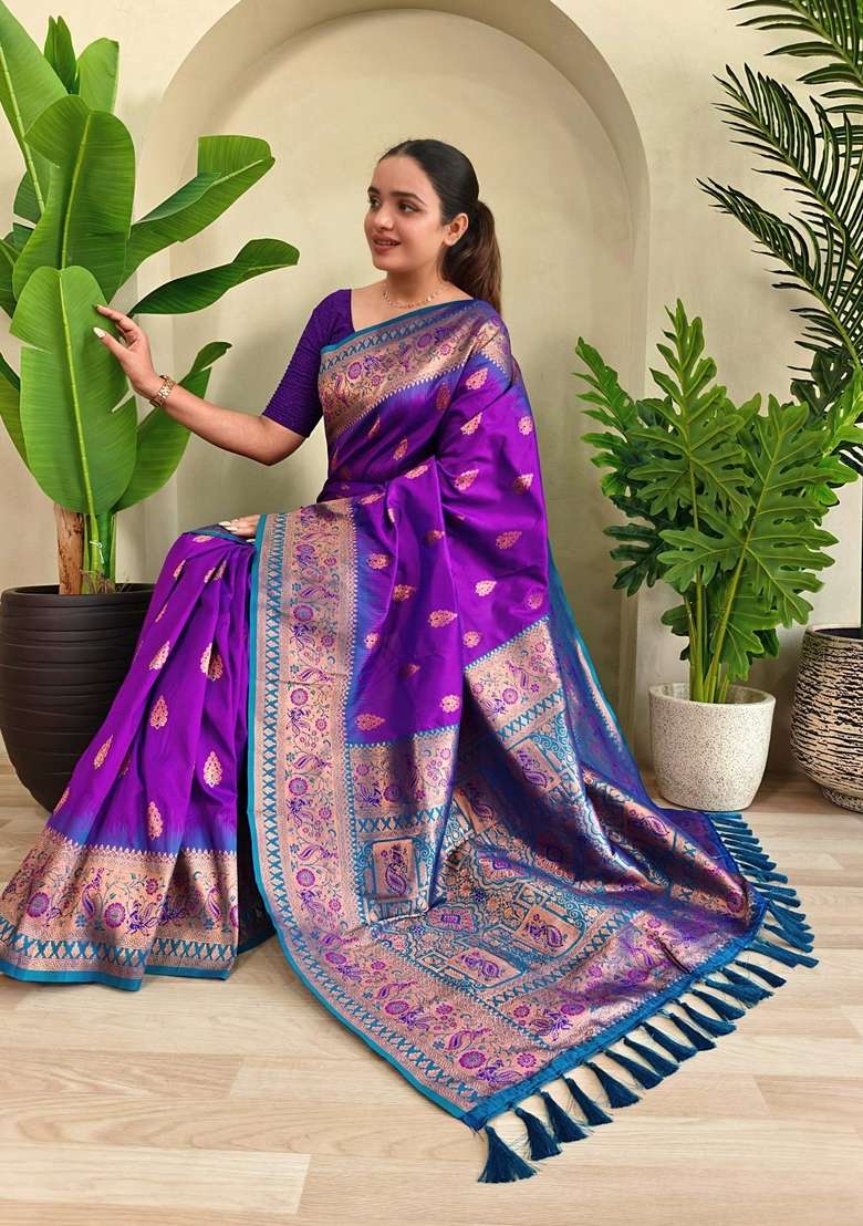 Purple Silk Blend Saree Set with Zari Work for Diwali | Wedding & Festive Wear - Indya