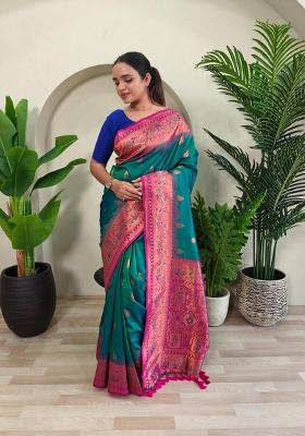 Rama Green Zari Work Silk Blend Saree Set