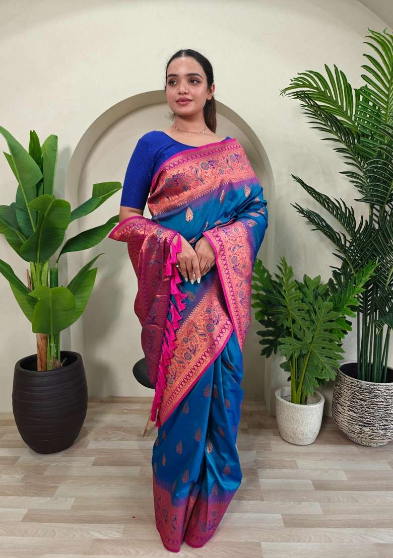Teal Zari Work Silk Blend Saree Set for Diwali and Festive Wear - Indya