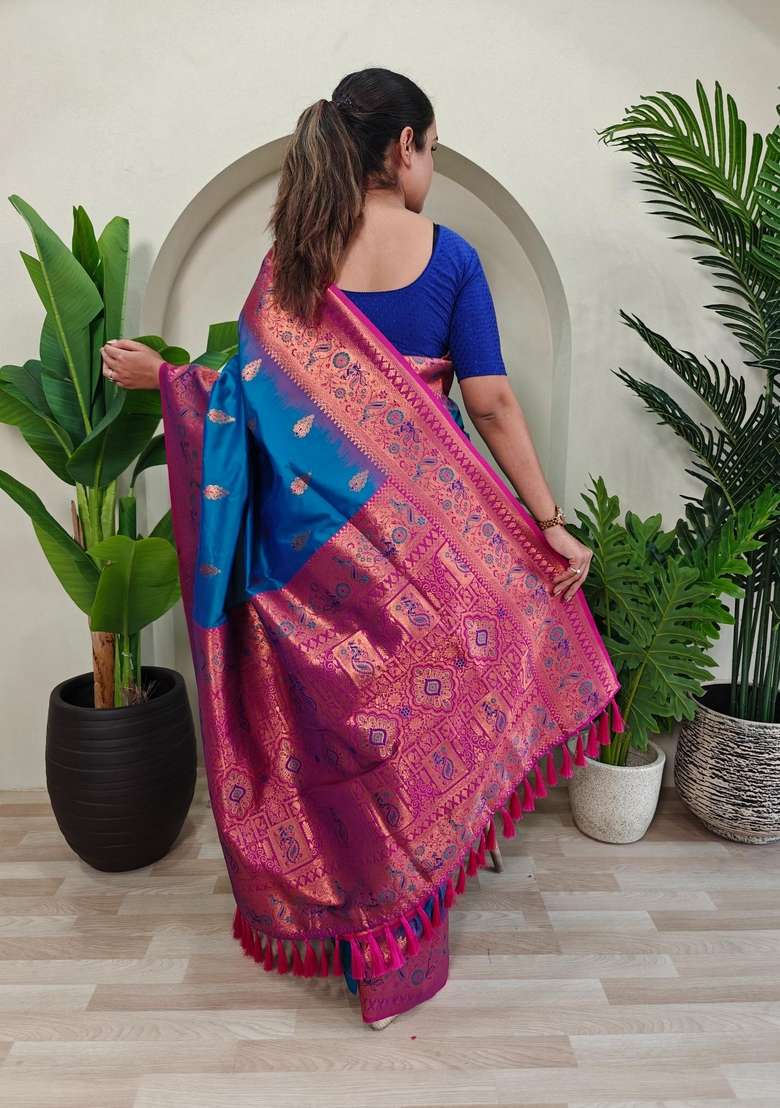 Teal Zari Work Silk Blend Saree Set for Diwali and Festive Wear - Indya