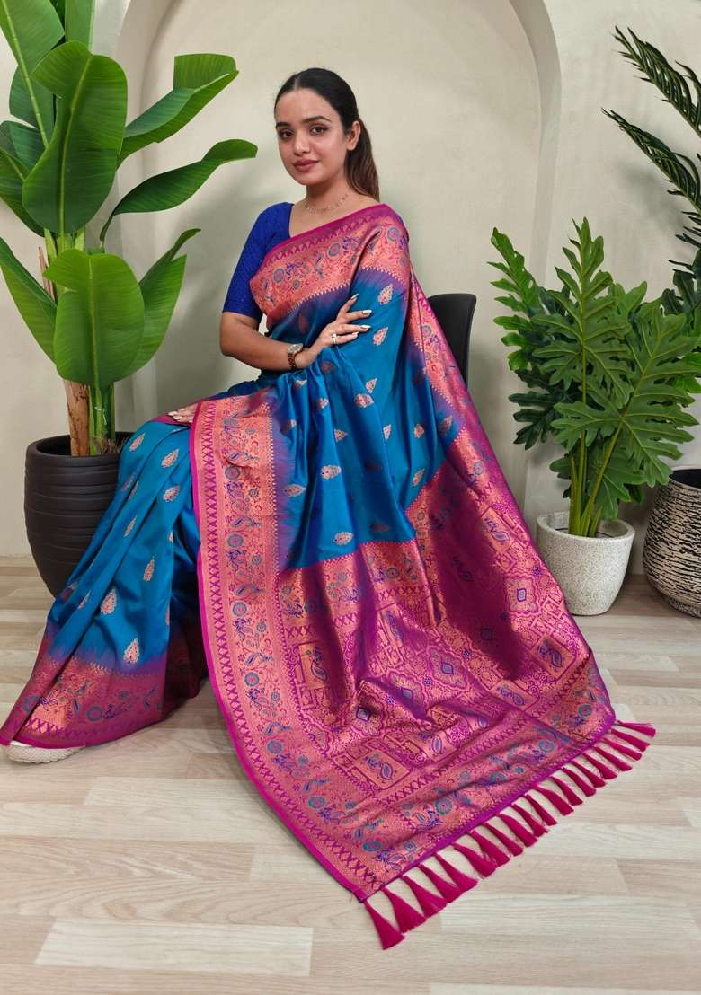 Teal Zari Work Silk Blend Saree Set for Diwali and Festive Wear - Indya