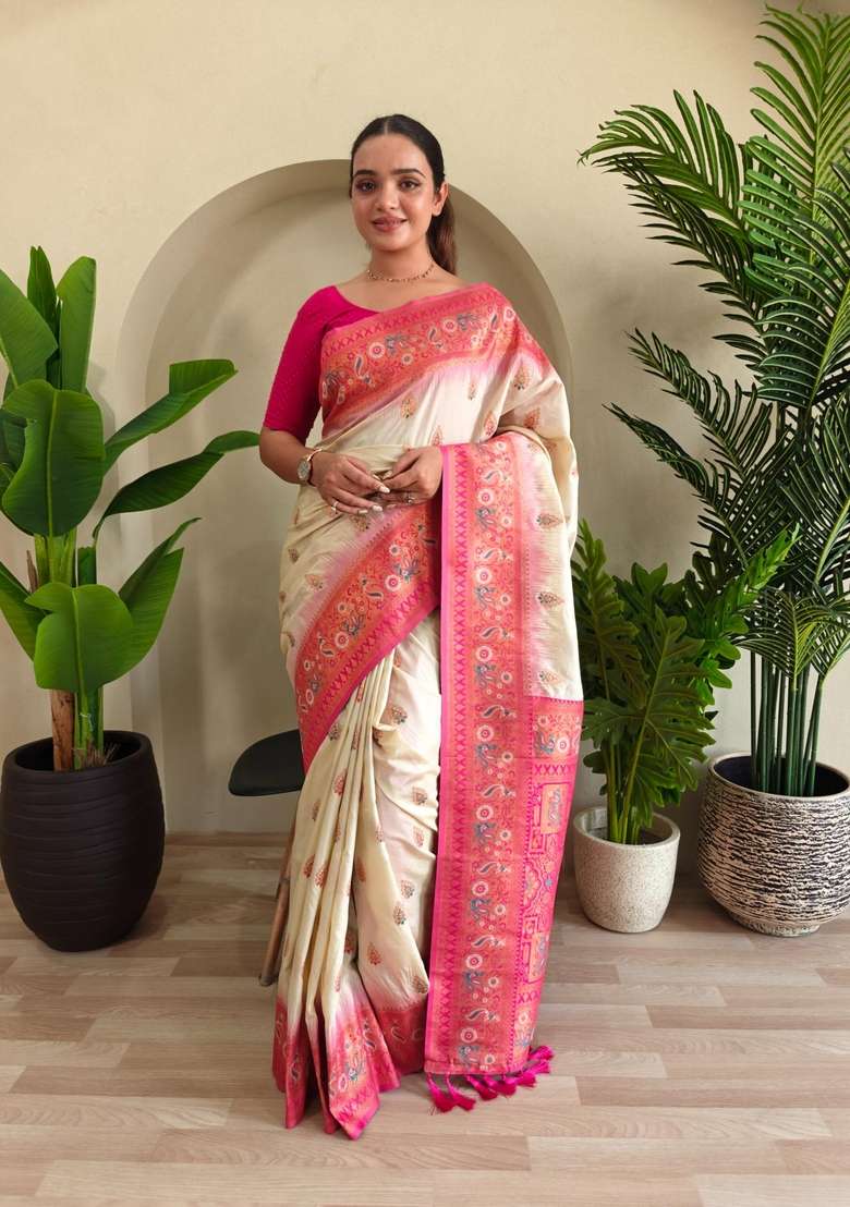 White Zari Work Silk Blend Saree Set for Diwali and Festive Wear - Indya