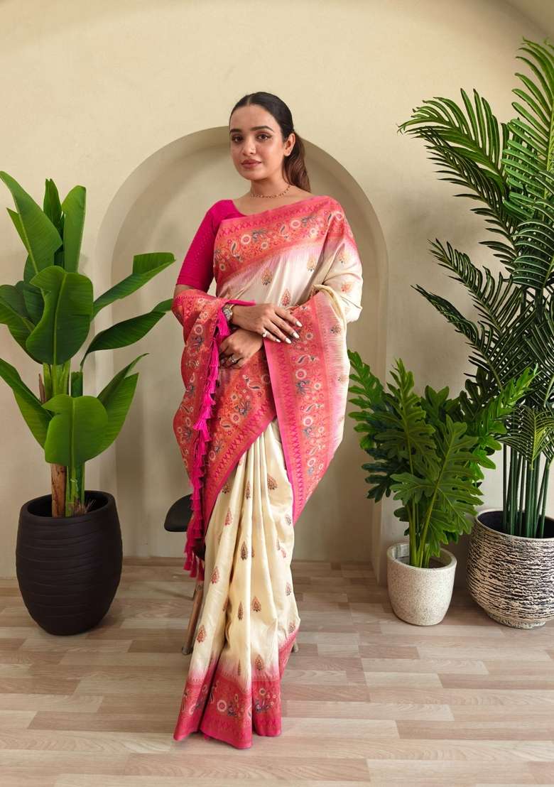 White Zari Work Silk Blend Saree Set for Diwali and Festive Wear - Indya