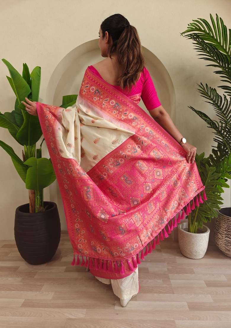 White Zari Work Silk Blend Saree Set for Diwali and Festive Wear - Indya