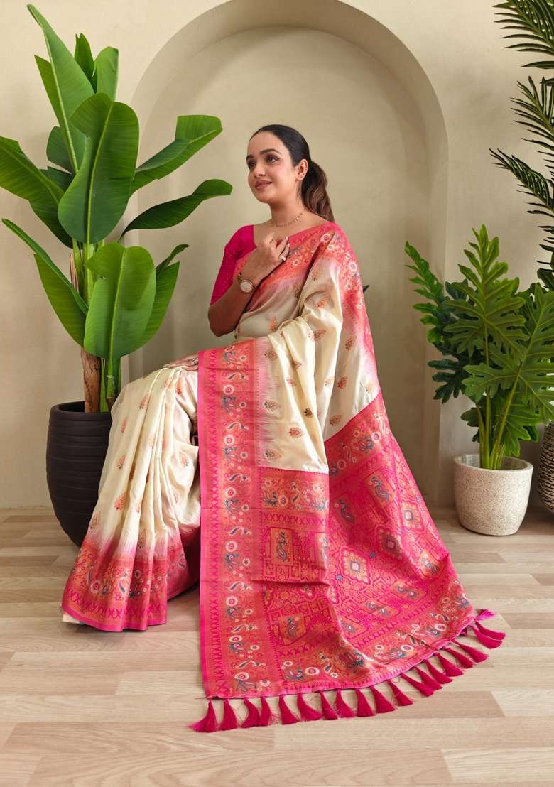 White Zari Work Silk Blend Saree Set for Diwali and Festive Wear - Indya