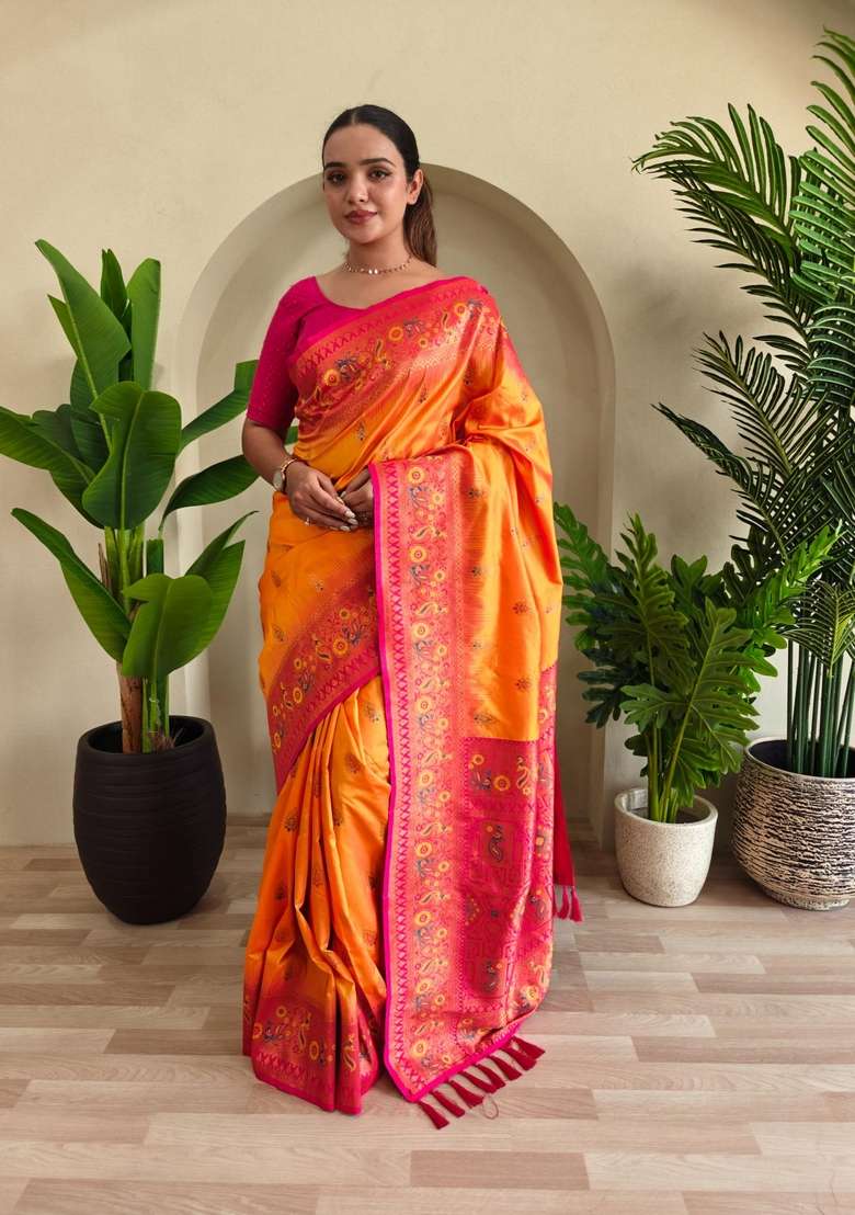 Yellow Zari Work Silk Blend Saree Set for Diwali and Festive Wear - Indya