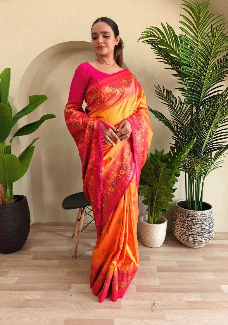 Yellow Zari Work Silk Blend Saree Set for Diwali and Festive Wear - Indya
