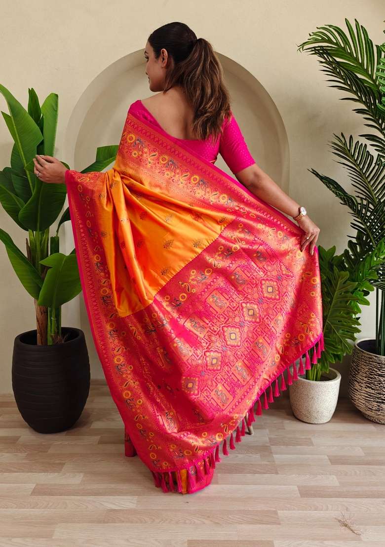 Yellow Zari Work Silk Blend Saree Set for Diwali and Festive Wear - Indya