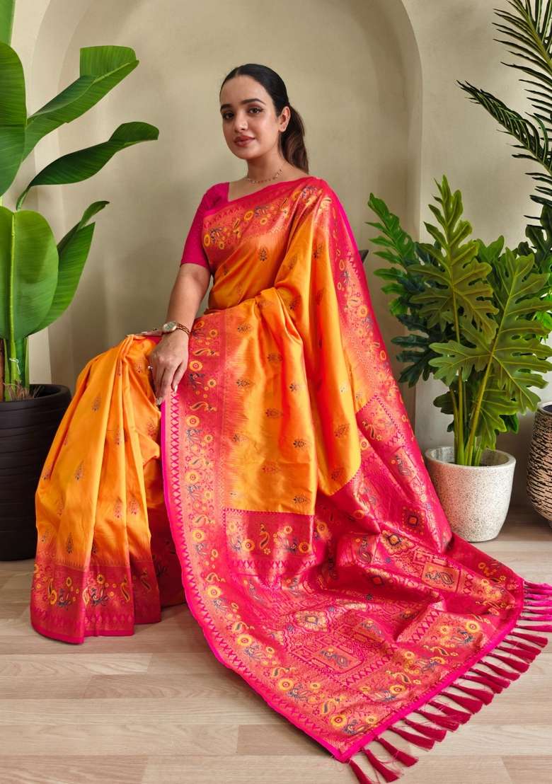 Yellow Zari Work Silk Blend Saree Set for Diwali and Festive Wear - Indya