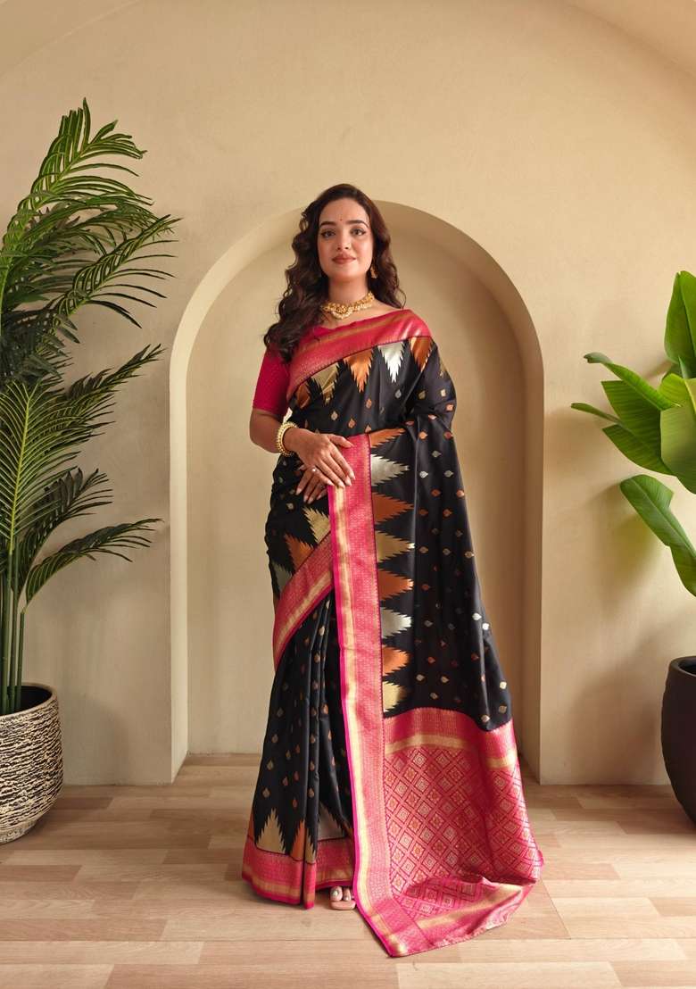 Black Zari Work Silk Blend Saree Set for Diwali and Festive Wear - Indya