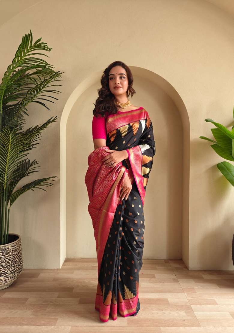 Black Zari Work Silk Blend Saree Set for Diwali and Festive Wear - Indya