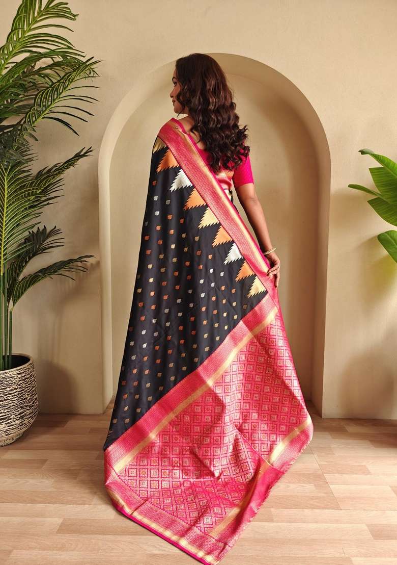 Black Zari Work Silk Blend Saree Set for Diwali and Festive Wear - Indya