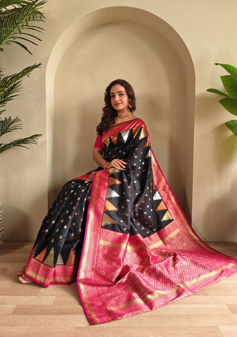 Black Zari Work Silk Blend Saree Set for Diwali and Festive Wear - Indya