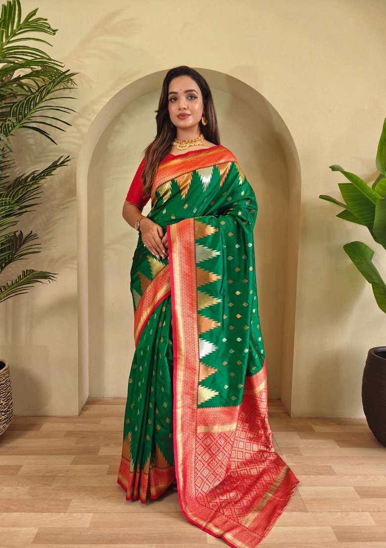 Green Zari Work Silk Blend Saree Set for Diwali and Festive Wear - Indya
