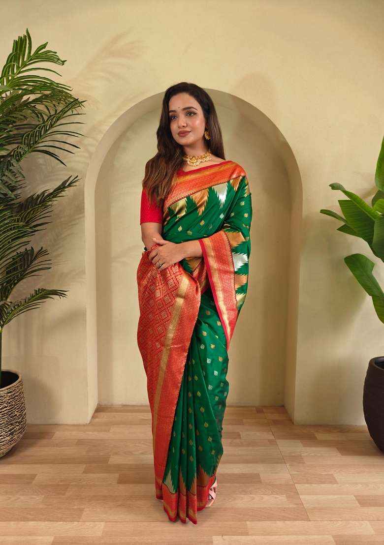 Green Zari Work Silk Blend Saree Set for Diwali and Festive Wear - Indya