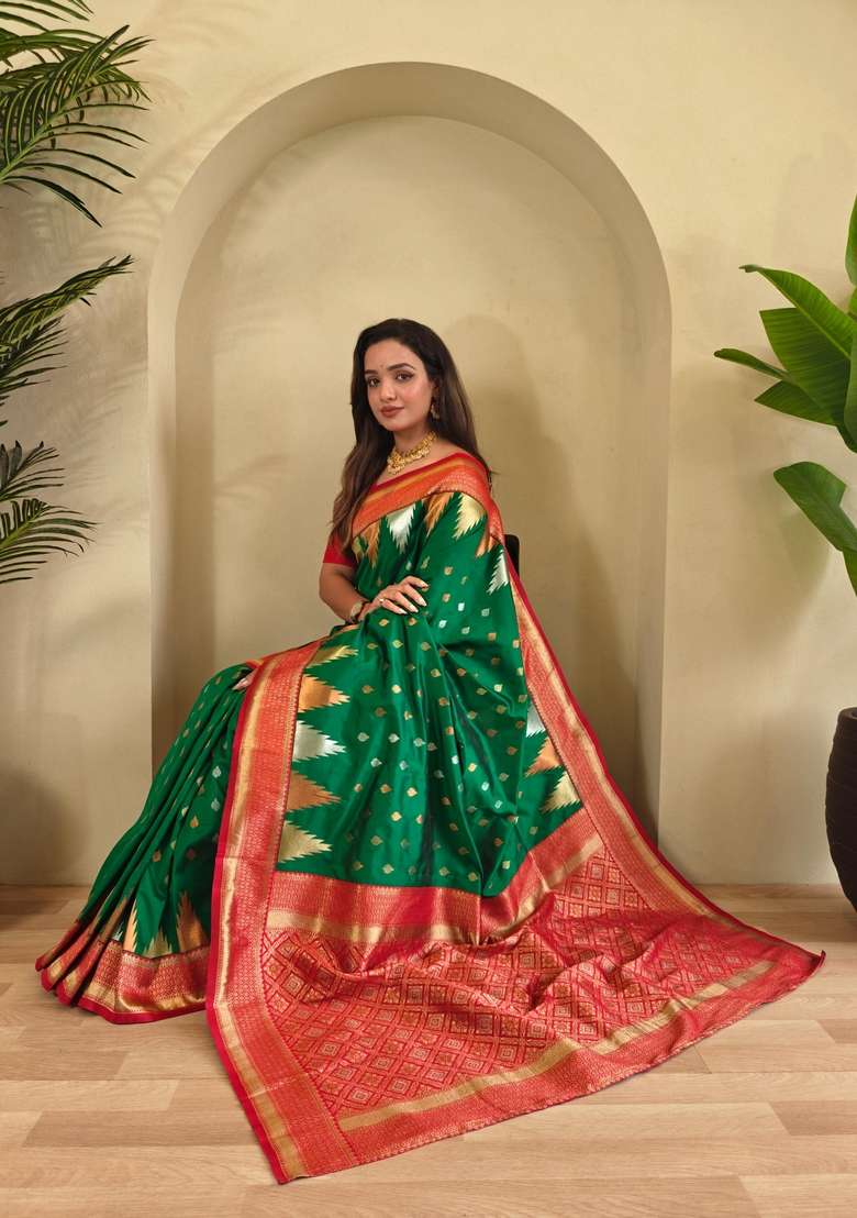 Green Zari Work Silk Blend Saree Set for Diwali and Festive Wear - Indya