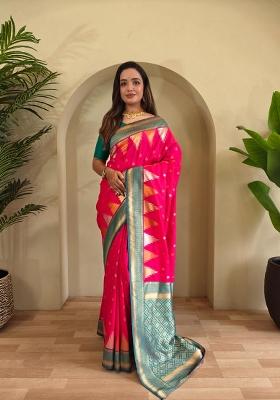 Hot Pink Zari Work Silk Blend Saree Set