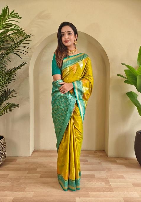 Lemon Zari Work Silk Saree Set — view on Indya