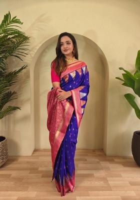 Magenta Zari Work Silk Blend Saree Set