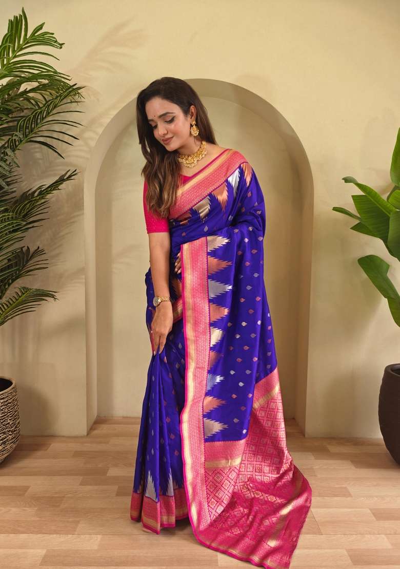 Magenta Silk Blend Saree Set with Zari Work for Diwali | Wedding & Festive Wear - Indya