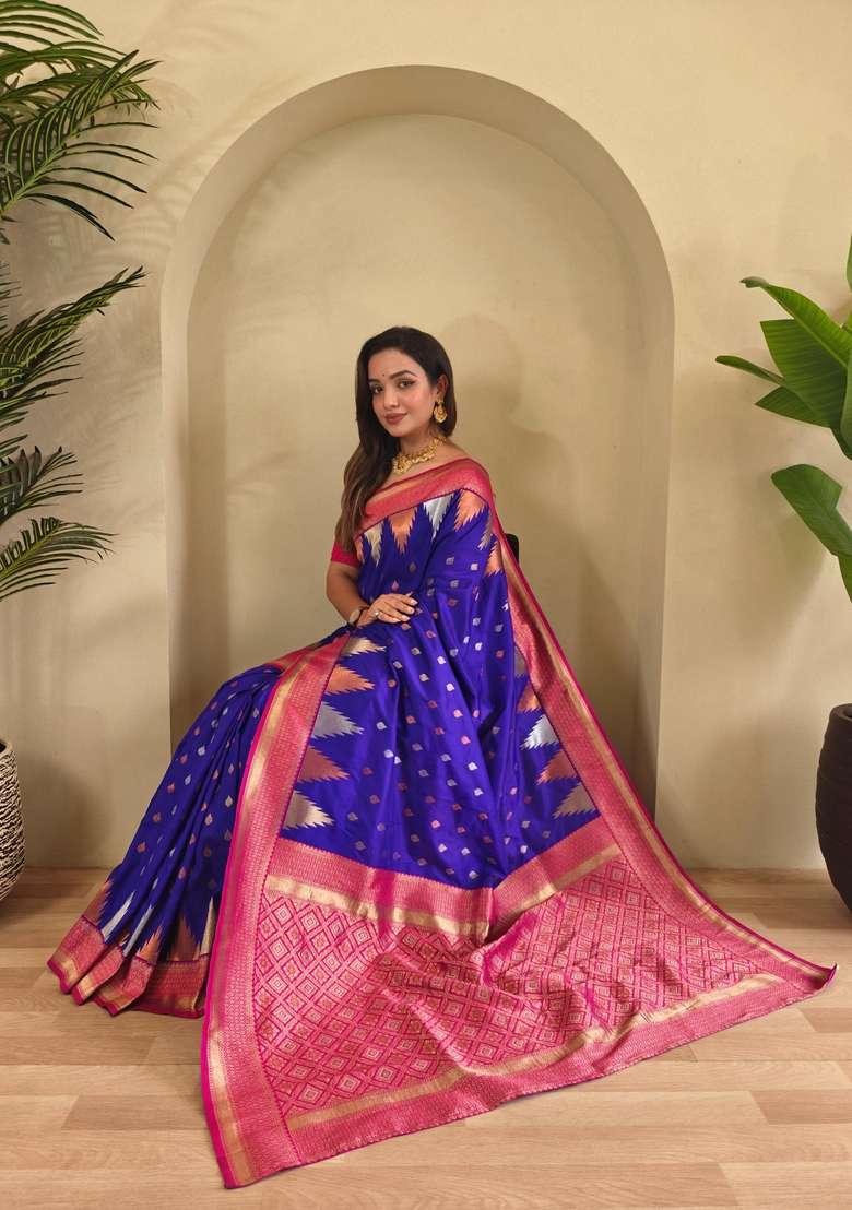 Magenta Silk Blend Saree Set with Zari Work for Diwali | Wedding & Festive Wear - Indya