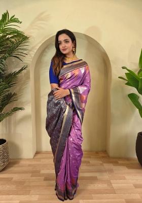 Onion Pink Zari Work Silk Blend Saree Set